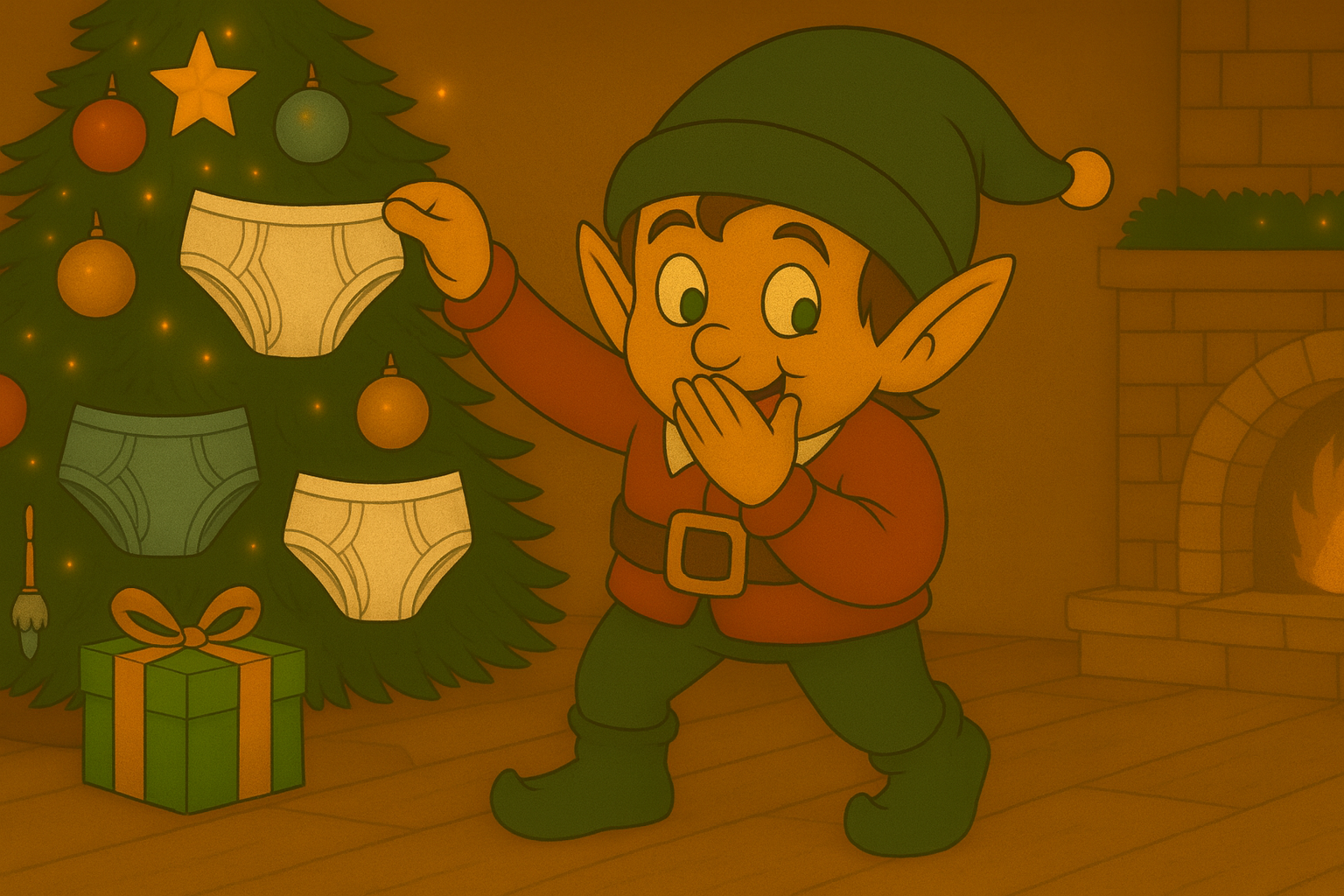 Le lutin décore le sapin… avec des culottes !