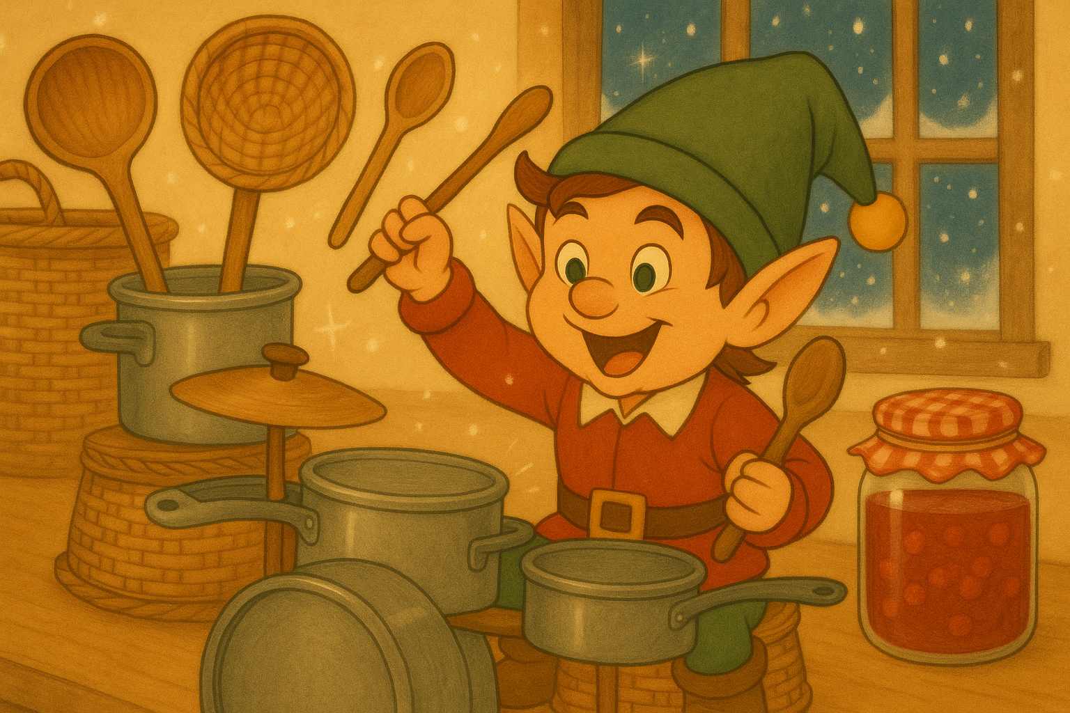 Le lutin a monté une batterie de cuisine pour son concert !