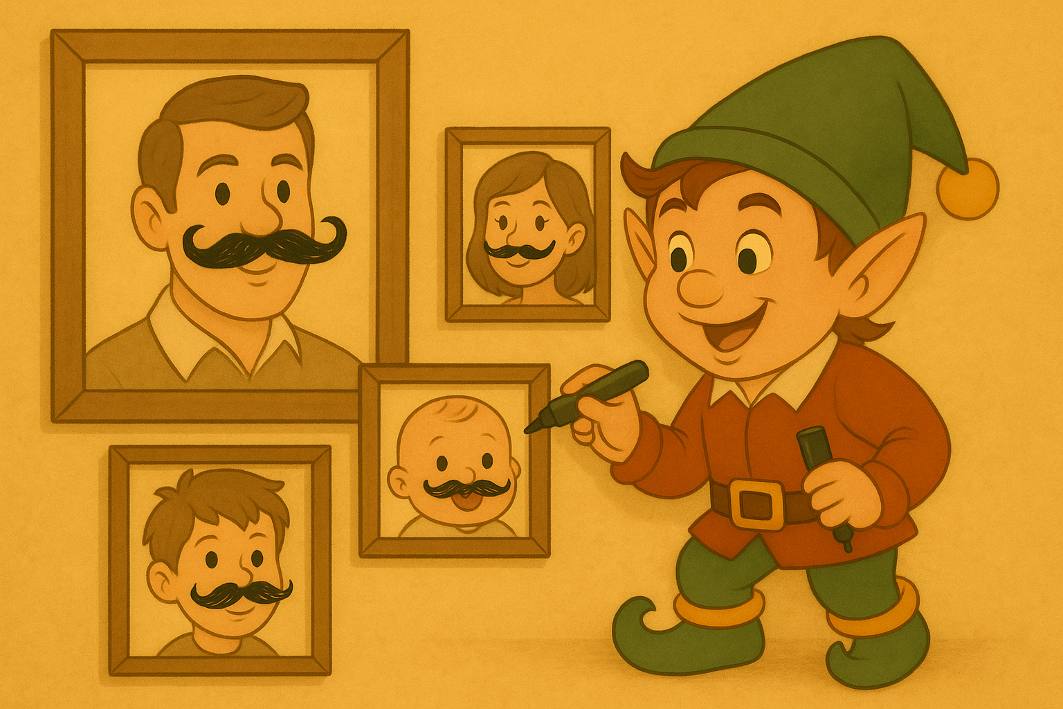 Le lutin dessine des moustaches sur les photos !